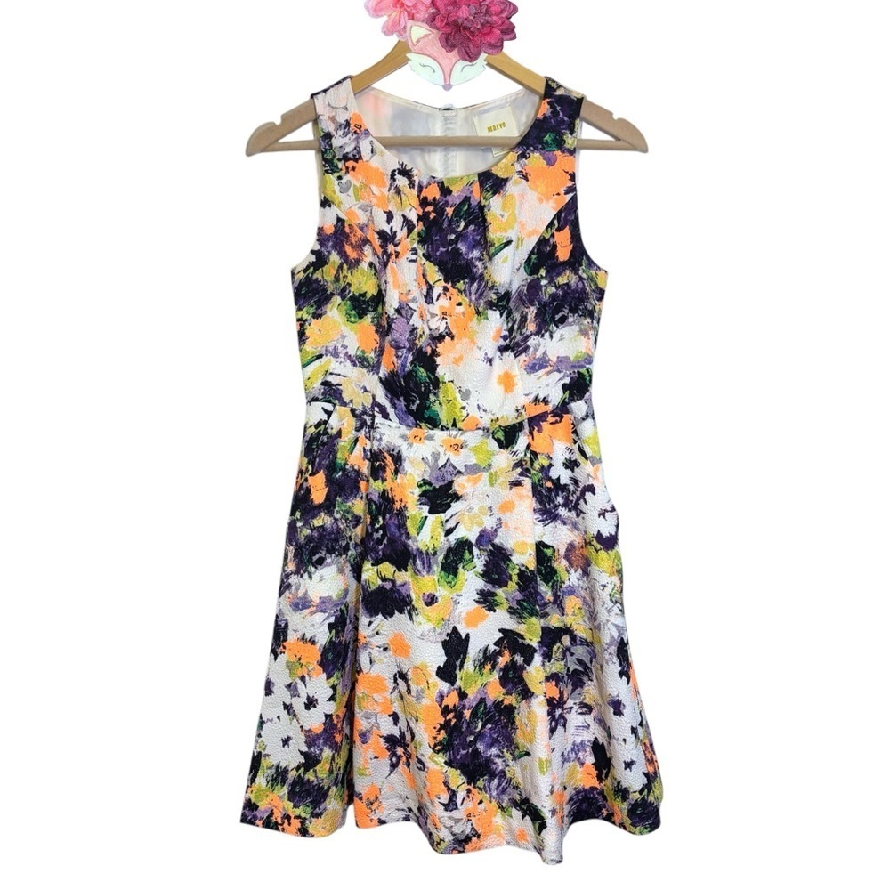 Maeve Anthropologie mini dress ivory white floral fit and flare pleated size 0P